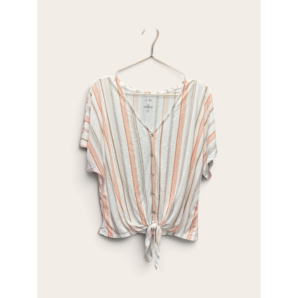 Just Be Women Orange Grey Striped V-Neck Tie Front Faux Button Top Large NWT